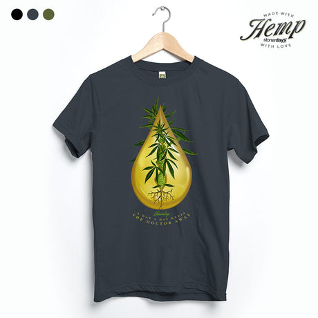 StonerDays Hemp Tee in Smoke Grey featuring a cannabis leaf and drop design, eco-friendly material, sizes S-XXXL