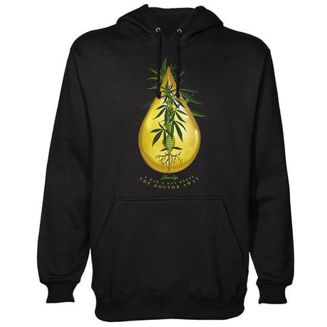 StonerDays Drop A Day Hoodie in black, unisex, front view with cannabis leaf design