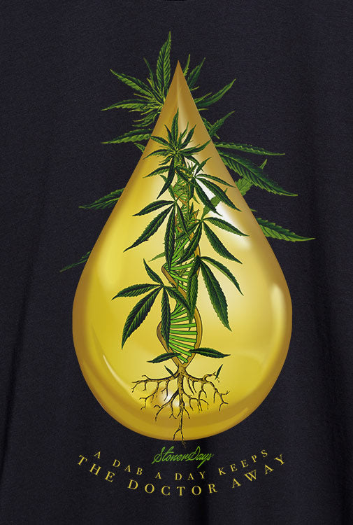 StonerDays Drop A Day Tee close-up, featuring cannabis plant graphic on golden droplet design