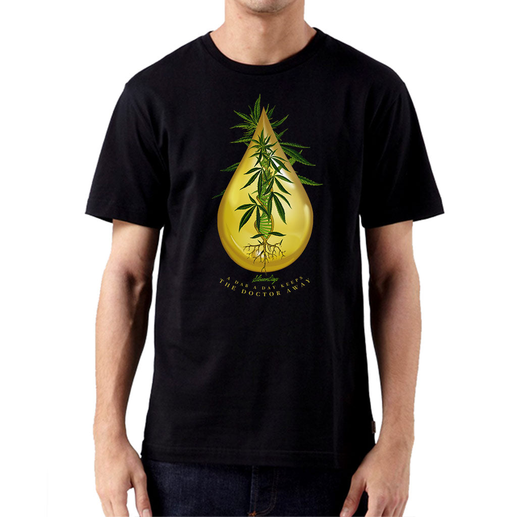 StonerDays Drop A Day Tee in black, front view, featuring a bold cannabis and drop graphic, sizes S to 3XL.