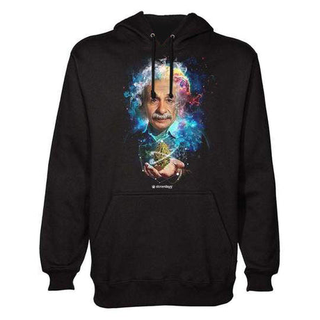 StonerDays Einstein E=mckushed Hoodie in black with colorful graphic, front view on white background