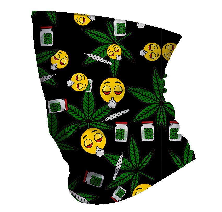 StonerDays Emoji Neck Gaiter with cannabis leaves and emoji prints, made from polyester