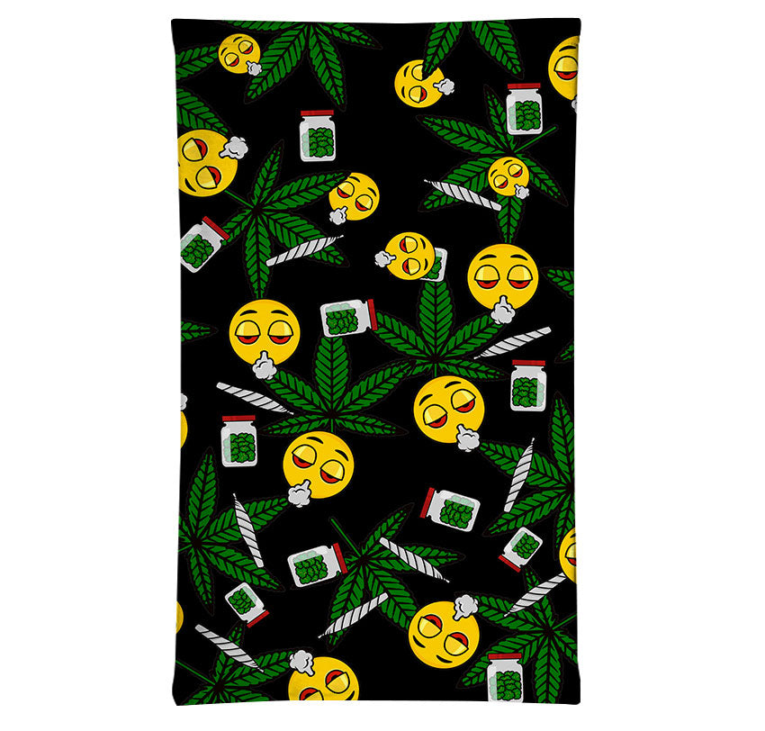 StonerDays Emoji Neck Gaiter featuring cannabis motifs on black polyester, front view