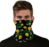 StonerDays Emoji Neck Gaiter with cannabis motifs, worn by model, front view