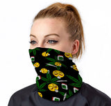 StonerDays Emoji Neck Gaiter with cannabis leaves and emojis, front view on model