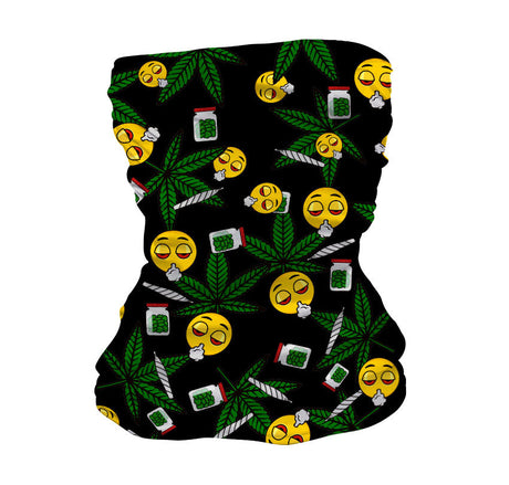StonerDays Emoji Neck Gaiter featuring cannabis leaves and emojis, black polyester material, front view