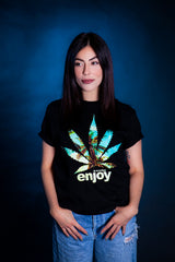 StonerDays Enjoy Palm Trees Tee on model, front view, black cotton t-shirt with vibrant graphic
