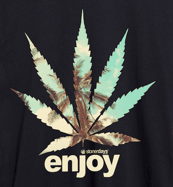 StonerDays Enjoy Palm Trees Tee in black, featuring a cannabis leaf design, close-up view.