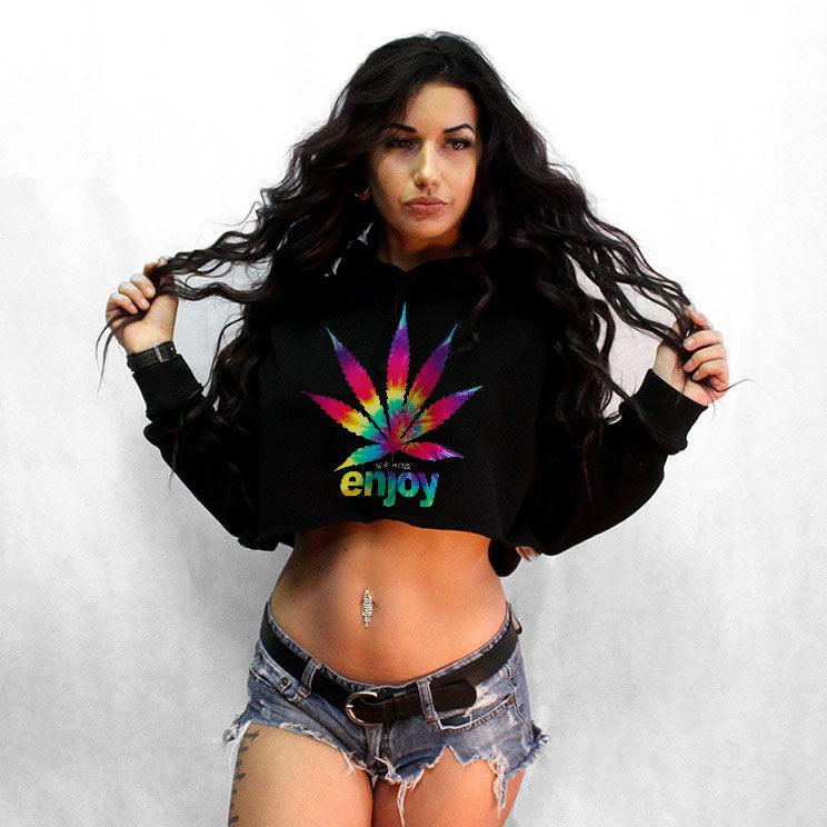 StonerDays Enjoy Tie Dye Crop Top Hoodie with vibrant rainbow cannabis leaf design