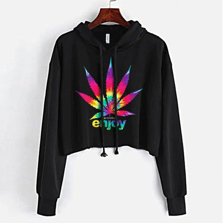 StonerDays Enjoy Tie Dye Crop Top Hoodie with Rainbow Cannabis Leaf Design