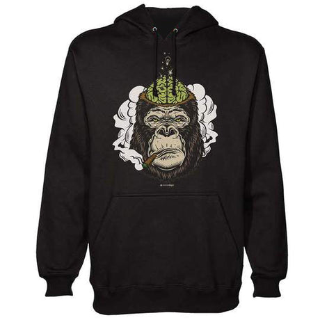StonerDays Enlightened Gorilla Hoodie in black, front view with detailed graphic design, size options available