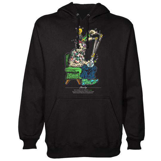 StonerDays Enlightenment Hoodie in black with vibrant graphic print, front view on white background