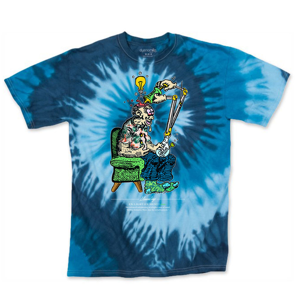 StonerDays Enlightenment Tie Dye Tee with vibrant blue pattern, front view on white background