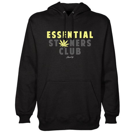 StonerDays Essential Stoners Club black hoodie front view with logo, sizes S to 3XL