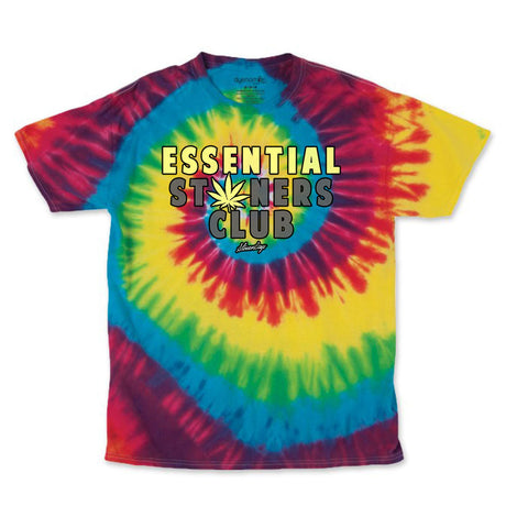 StonerDays Essential Stoners Club Tee in Rainbow Tie Dye, 100% Cotton, Front View