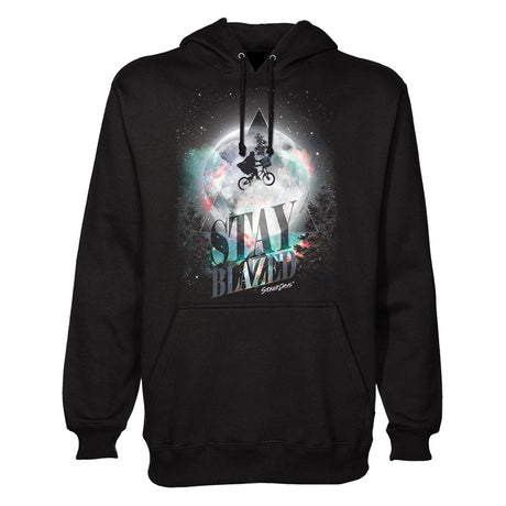 StonerDays Et Moon Hoodie in black with cosmic design and 'STAY BLAZED' text, front view.
