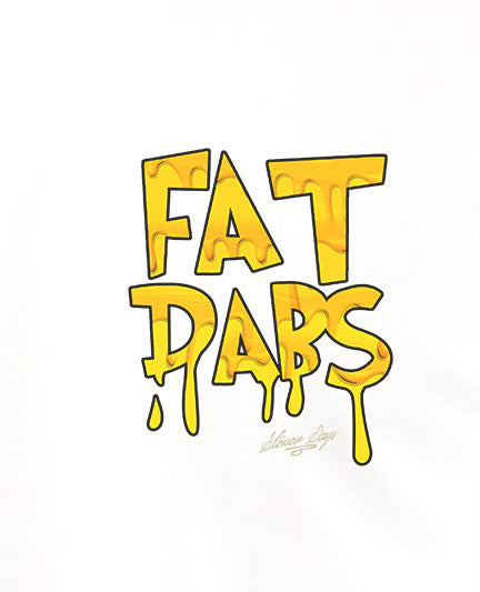 StonerDays Fat Dabs White Tee graphic close-up, vibrant yellow text on white cotton