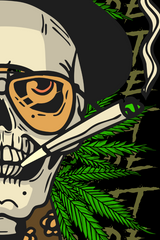 StonerDays Fear & Loathing T-shirt design close-up with skull, cannabis leaf, and joint