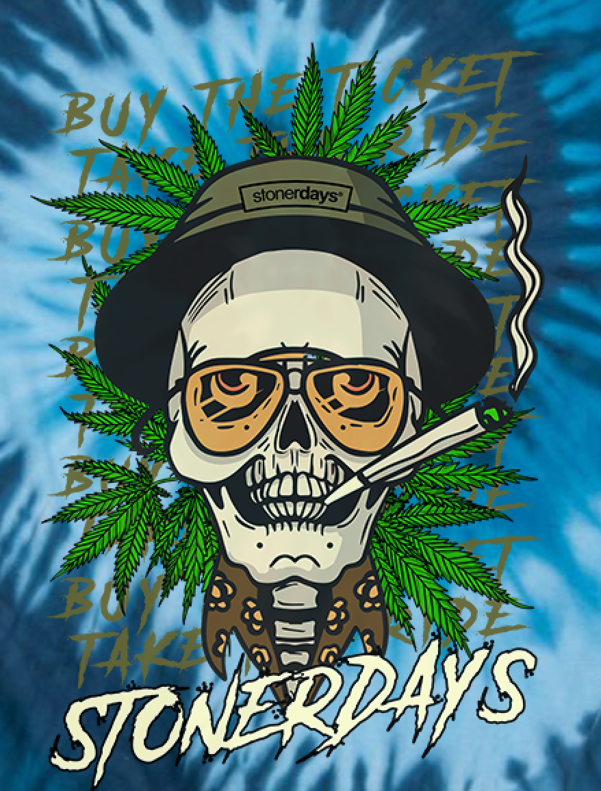 StonerDays Fear & Loathing tie-dye t-shirt in blue with graphic skull and cannabis leaves