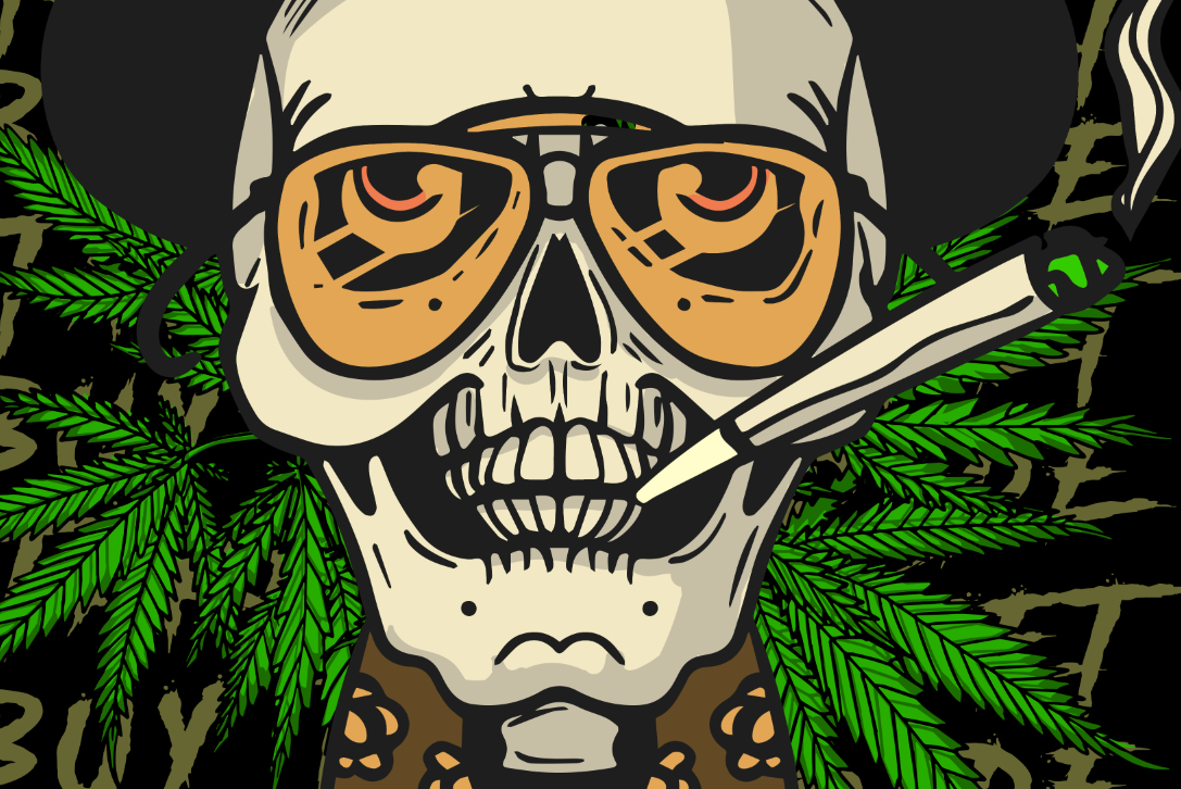 StonerDays Fear & Loathing Crop Top Hoodie design close-up with cannabis leaves
