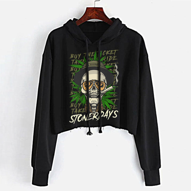 StonerDays Fear & Loathing themed black crop top hoodie for women, front view on hanger