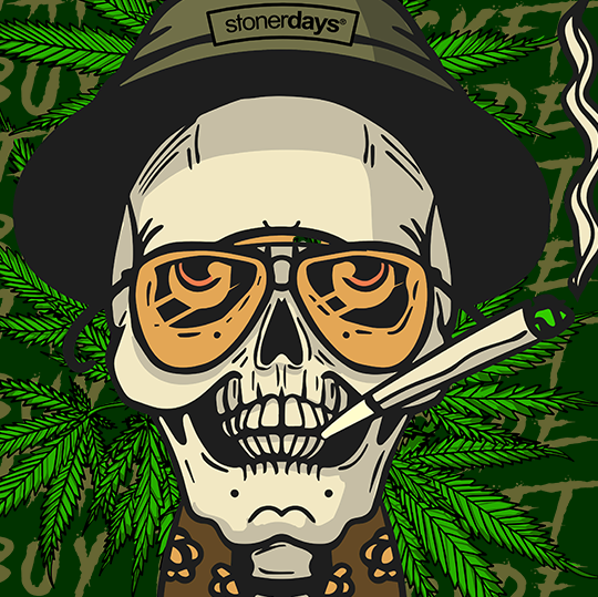 StonerDays Fear & Loathing Hoodie with cannabis leaf background and skull graphic