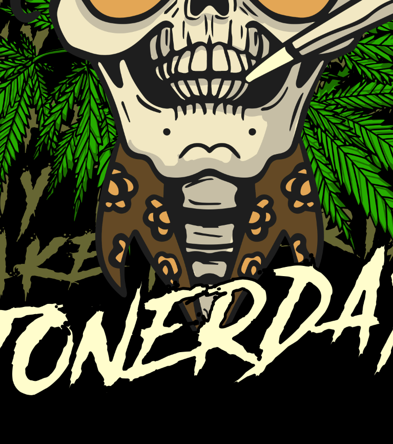 StonerDays Fear & Loathing Tank graphic close-up with skull and cannabis leaves