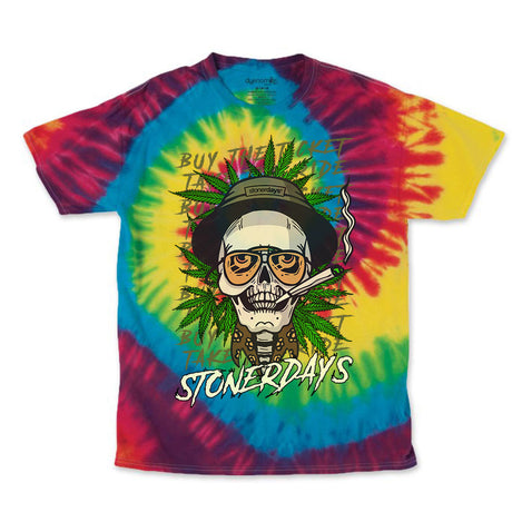 StonerDays Fear & Loathing tie-dye t-shirt with vibrant colors and graphic print, front view.