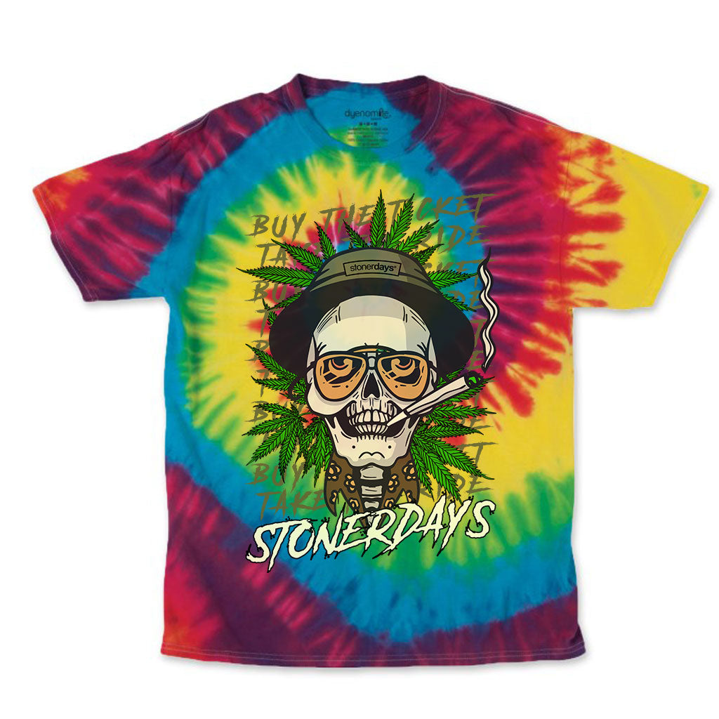 StonerDays Fear & Loathing tie-dye t-shirt with vibrant colors and graphic print, front view.