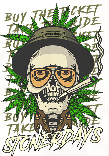 StonerDays Fear & Loathing White Tee featuring a graphic skull with cannabis leaves, sizes S to 3XL