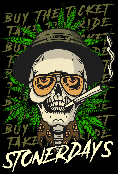 StonerDays Fear & Loathing Women's Racerback design with skeleton and cannabis leaves