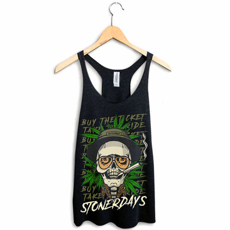 StonerDays Fear & Loathing Women's Racerback Tank Top in Black, Front View on Hanger