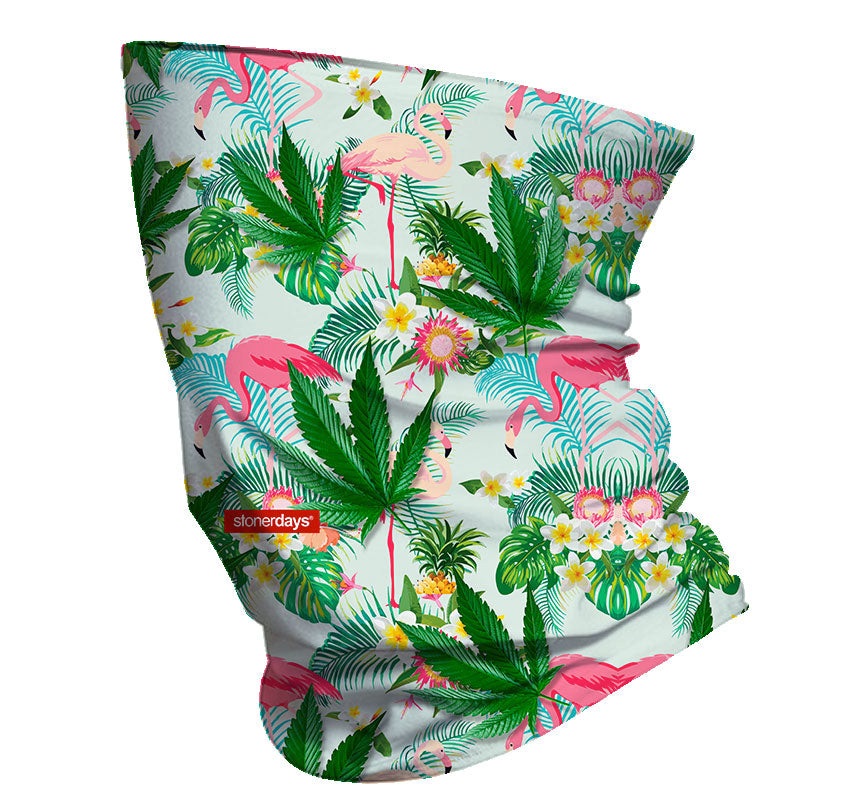 StonerDays Flamingo Neck Gaiter with vibrant tropical and cannabis leaf design, polyester material, front view.