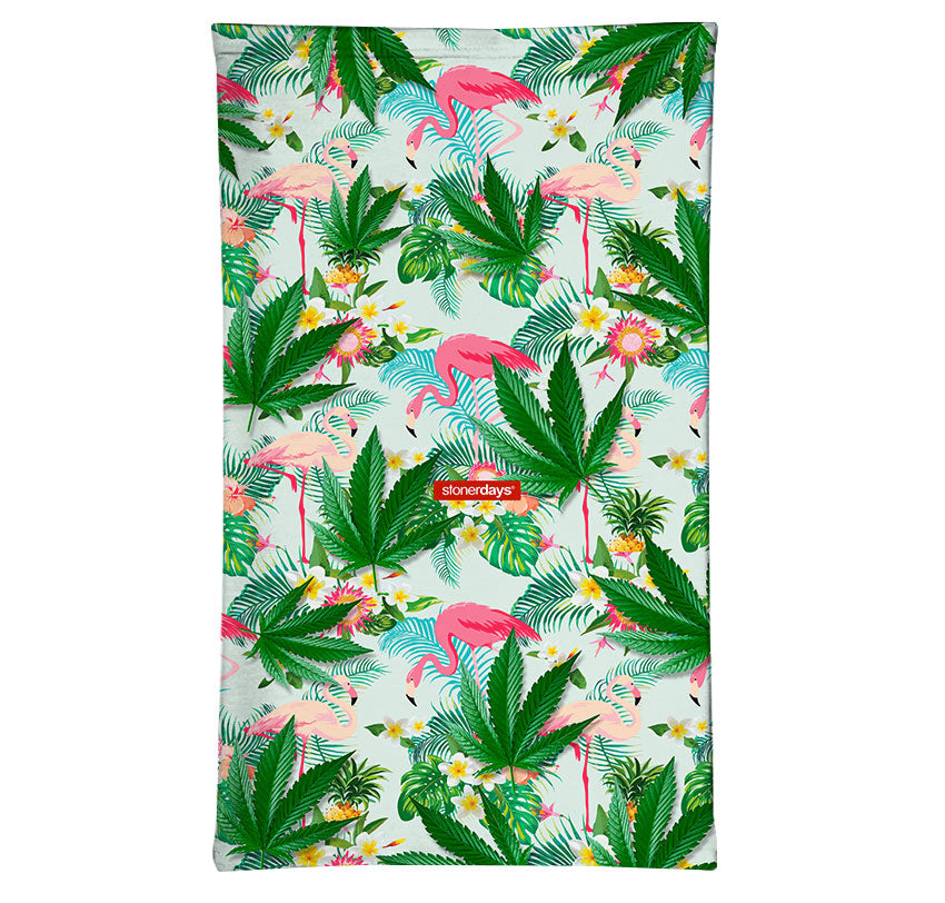 StonerDays Flamingo Neck Gaiter featuring vibrant cannabis and flamingo print, made from polyester.