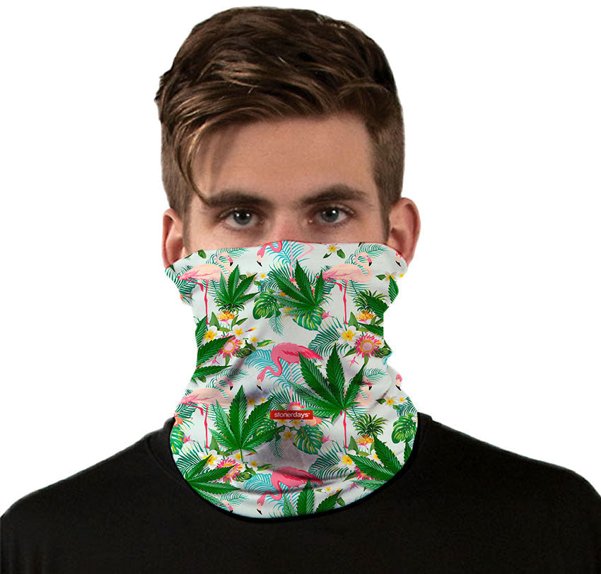 StonerDays Flamingo Neck Gaiter featuring tropical print on polyester, front view on model