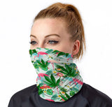 StonerDays Flamingo Neck Gaiter with tropical print, worn by model, front view