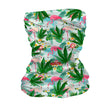 StonerDays Flamingo Neck Gaiter featuring tropical print with cannabis leaves, front view on white background
