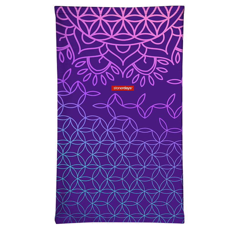 StonerDays Flower of Life Neck Gaiter in purple with vibrant pattern, front view