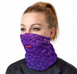 StonerDays Flower of Life Neck Gaiter in purple, front view on model, versatile polyester apparel