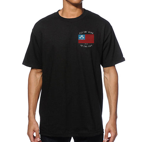 StonerDays Fly Em High Men's Tee in black cotton, front view on model, with patriotic design