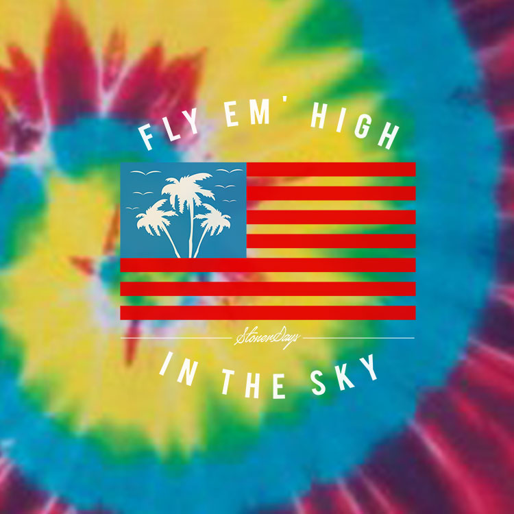 StonerDays Fly Em High Tie-dye T-shirt with vibrant color pattern, USA flag and palm design