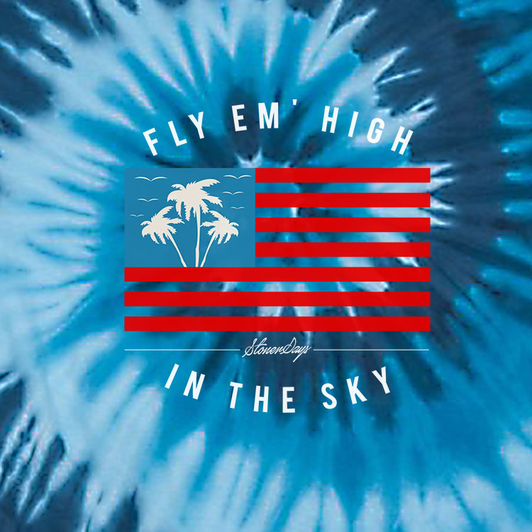 StonerDays Fly Em High Tie-dye T-shirt with vibrant blue pattern, USA-themed palm design, front view.