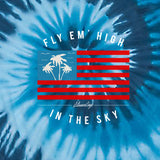 StonerDays Fly Em High Tie-dye T-shirt with vibrant blue pattern, USA-themed palm design, front view.