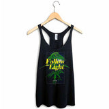 StonerDays Follow The Light Racerback tank top, black, front view on hanger, sizes S to XL