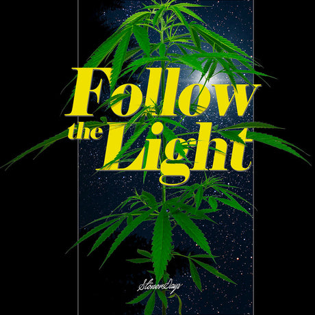StonerDays Follow The Light Tee with cannabis graphic, unisex cotton shirt, black background