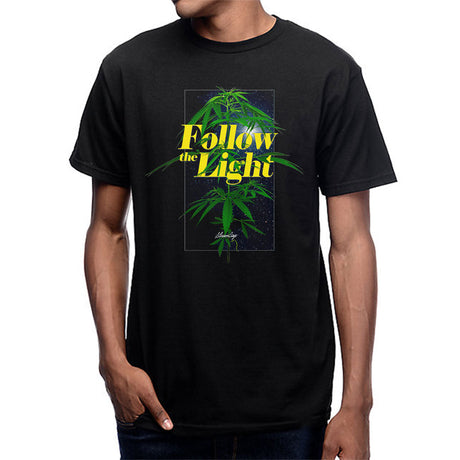 StonerDays Follow The Light Tee in black, front view on model, sizes S to 3XL, 100% cotton