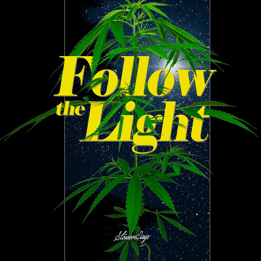 StonerDays Follow The Light Tie Dye Tee featuring vibrant cannabis design on black background