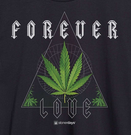 StonerDays men's black cotton tee with Rasta-colored Forever Love marijuana design