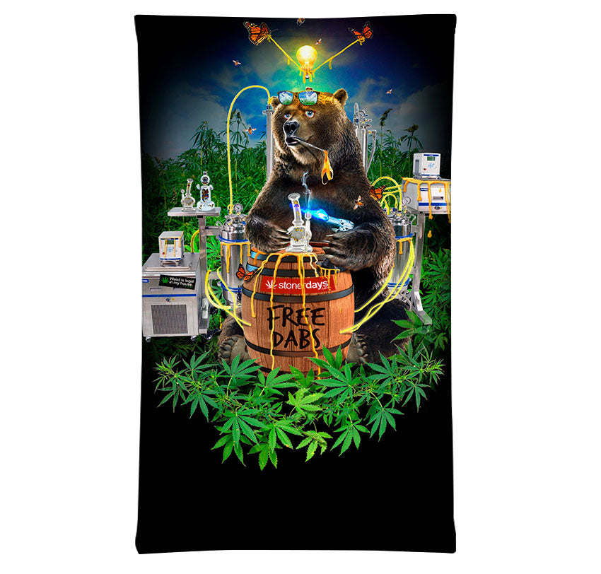 StonerDays Free Dabs Bear Face Gaiter featuring vibrant bear graphic, front view on white background