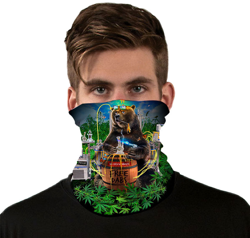 StonerDays Free Dabs Bear Face Gaiter featuring vibrant print, worn by model, front view